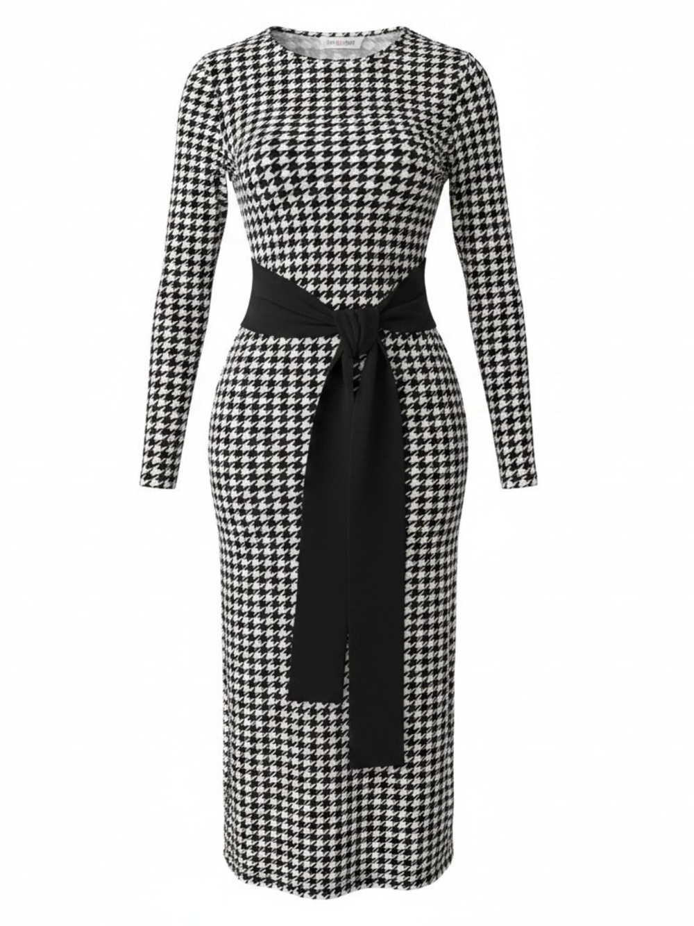 Black & White Houndstooth Long-Sleeve Midi Dress with Waist Tie